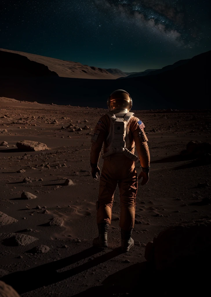 An astronaut walking on Mars at night, with an environment filled with rocks, stones, mountains, and peaks. The scene is viewed from behind the astronaut, so the viewer sees the astronaut from the back. The Martian sky is dark with stars visible, and the landscape is illuminated by the astronaut's suit lights.
