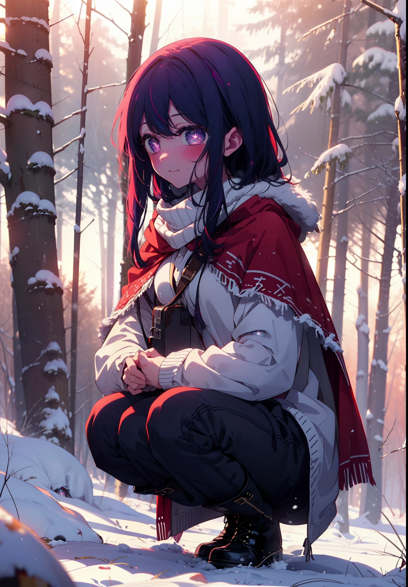 aihoshino, Ai Hoshino, Long Hair, bangs, (Purple eyes:1.1), Purple Hair, (Symbol-shaped pupil:1.5), smile,,smile,blush,white breath,
Open your mouth,snow,Ground bonfire, Outdoor, boots, snowing, From the side, wood, suitcase, Cape, Blurred, , forest, White handbag, nature, Squat, Mouth closed, Cape, winter, Written boundary depth, Black shoes, red Cape break looking at viewer, Upper Body, whole body, break Outdoor, forest, nature, break (masterpiece:1.2), Highest quality, High resolution, unity 8k wallpaper, (shape:0.8), (Beautiful and beautiful eyes:1.6), Highly detailed face, Perfect lighting, Highly detailed CG, (Perfect hands, Perfect Anatomy),
