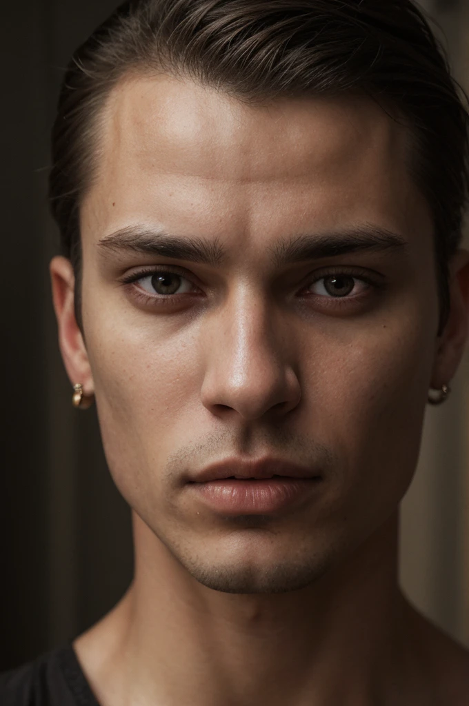 a handsome man, beautiful detailed eyes, beautiful detailed lips, extremely detailed face and eyes, sharp focus, 8k, highres, photorealistic, chiaroscuro lighting, dramatic lighting, cinematic lighting, dramatic contrast, intricate details, hyper realistic, oil painting, masterpiece, detailed digital painting, highly detailed, cinematic composition, moody atmosphere, warm color palette, realistic shading and texturing