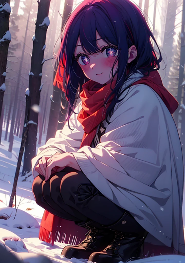 aihoshino, Ai Hoshino, Long Hair, bangs, (Purple eyes:1.1), Purple Hair, (Symbol-shaped pupil:1.5), smile,,smile,blush,white breath,
Open your mouth,snow,Ground bonfire, Outdoor, boots, snowing, From the side, wood, suitcase, Cape, Blurred, , forest, White handbag, nature,  Squat, Mouth closed, Cape, winter, Written boundary depth, Black shoes, red Cape break looking at viewer, Upper Body, whole body, break Outdoor, forest, nature, break (masterpiece:1.2), Highest quality, High resolution, unity 8k wallpaper, (shape:0.8), (Beautiful and beautiful eyes:1.6), Highly detailed face, Perfect lighting, Highly detailed CG, (Perfect hands, Perfect Anatomy),