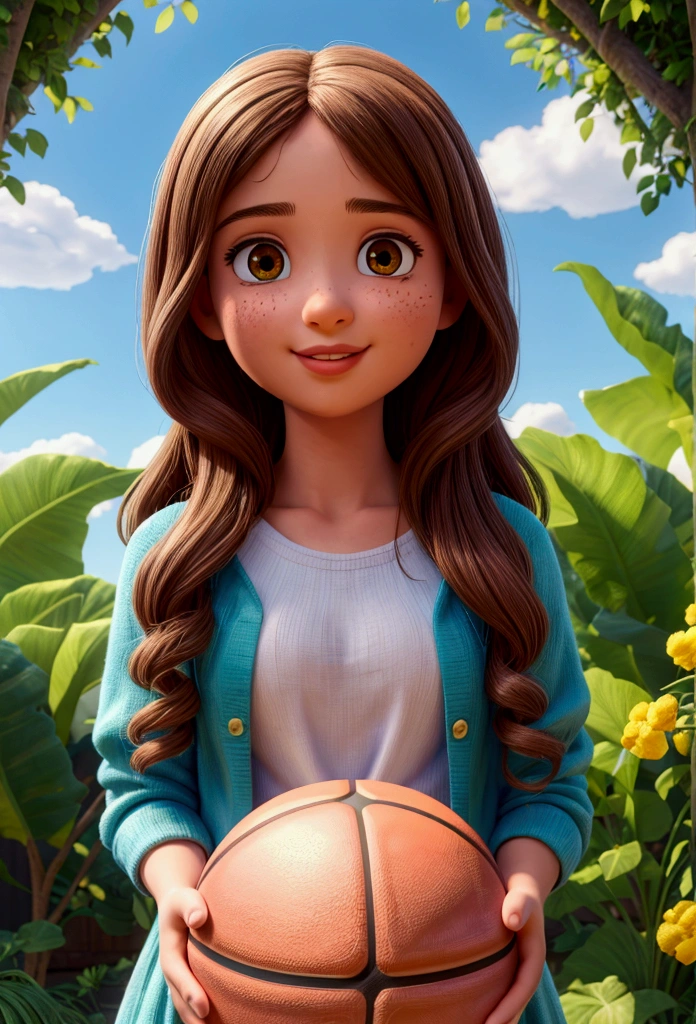 muslim girlplaying basketball,(best quality,4K,8k,highres,masterpiece:1.2),long brown hair,Round face,elaborate brown eyes,Elaborate enchanting lips,charmer smile,extremely detaild,expressive facial expression,from front view, girl in a lush green garden,Optics,Radiant Summer,soft breeze,paisagem serena,a moment of pure relaxation,swirly vibrant colors,soft, natural lighting,smooth bokeh effect,oil painting style,Romantic Inspiration,exceptional clarity and sharpness PIXAR style