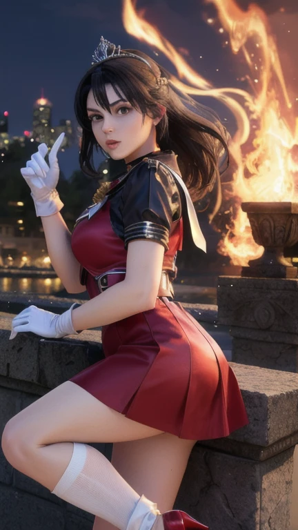 1 girl,wide, (high quality,8k,black fur, realist, Best Quality,Masterpiece,ultra detailed, absurdities)1.5,((SAMA1, tiara, Marine Senshi in uniform, white gloves, red sailor collar, Red skirt)),city at night,white gloves,purple bow,Purple eye, (magical world,fire),high heels,