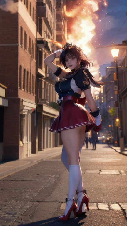 1 girl,wide, (high quality,8k,black fur, realist, Best Quality,Masterpiece,ultra detailed, absurdities)1.5,((SAMA1, tiara, Marine Senshi in uniform, white gloves, red sailor collar, Red skirt)),city at night,white gloves,purple bow,Purple eye, (magical world,fire),high heels,