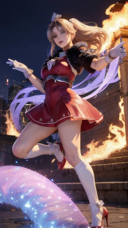 1 girl,wide, (high quality,8k,black fur, realist, Best Quality,Masterpiece,ultra detailed, absurdities)1.5,((SAMA1, tiara, Marine Senshi in uniform, white gloves, red sailor collar, Red skirt)),city at night,white gloves,purple bow,Purple eye, (magical world,fire),high heels,