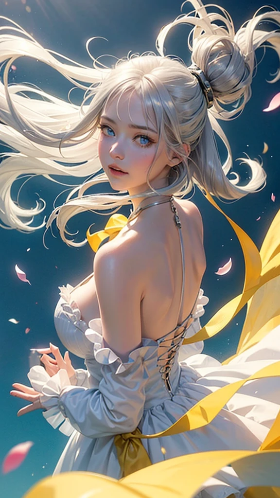 1 girl, scenery, vibrant colors, sharp focus, best quality, depth of field, cinematic lighting, flying petals in the wind,  
(silver eyes), silver hair, extremely long hair, slight blush, slight smile, 
(glowing:1.5), maid, glow hair, from above, hands together, close up, wearing see trough dress, lingerie, elegant dress, back view, EPSILYB, drill hair, blonde hair, blue eyes, empty eyes, yellow dress, white dress, wearing striped_dress, 