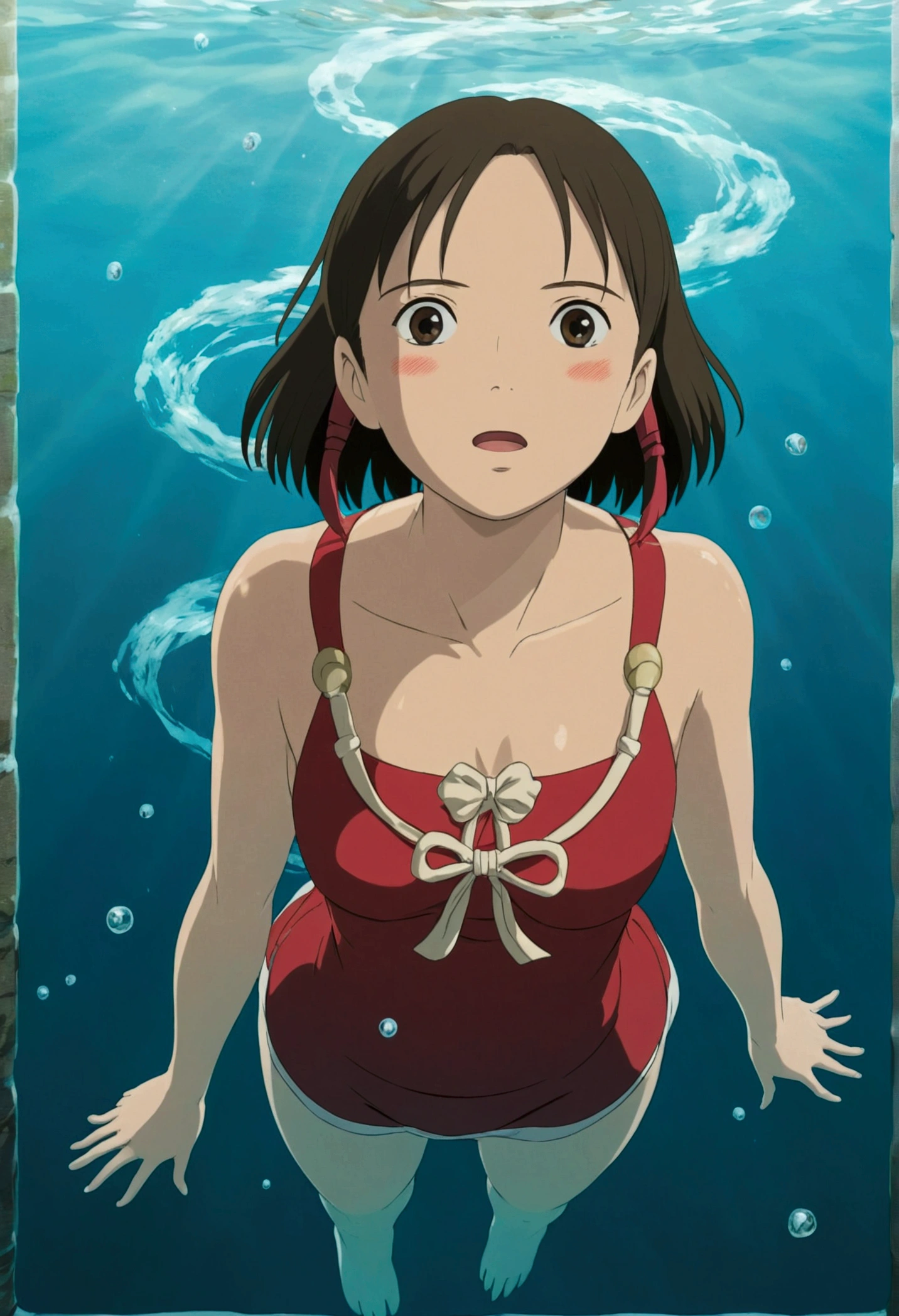 Ghibli　Full body pose　In the water　Looking up from the front　girl　