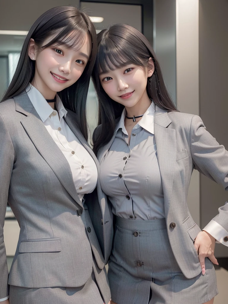 Highest quality、masterpiece、8k、Very detailed、Realistic、(Two Girls)、(Looking at me with a smile:1.5)、whole body、Black Hair、Small face、(Slender:1.2)、(Big Breasts:1.2)、(White business shirt with buttons and a collar:1.2)、(short tight skirt in gray,:1.2)、(Grey business jacket:1.2)