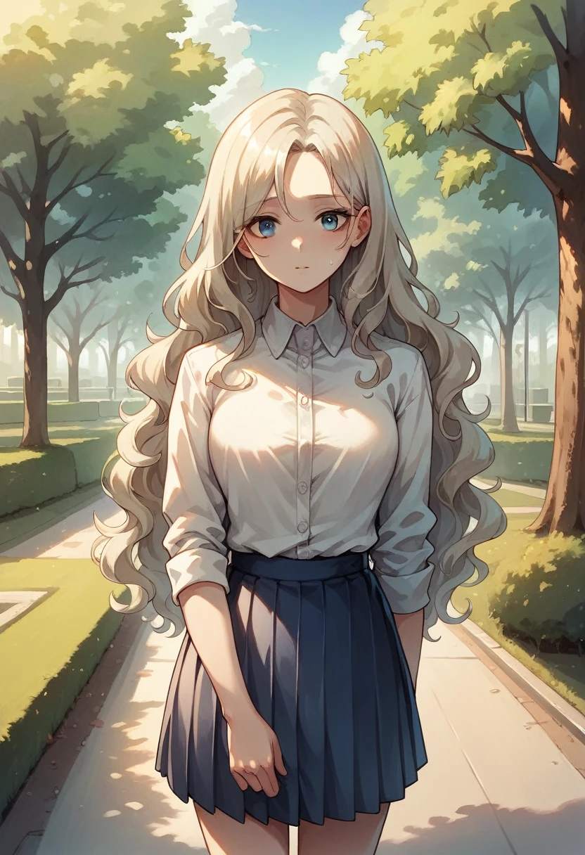 Illustration, detailed illustration, ultra detailed, dynamic angle, 19 year old girl, beautiful, platinum blonde, long hair, wavy hair, cold blue eyes, pale skin, emotionless, disdainful, park, white shirt, blue pleated skirt,