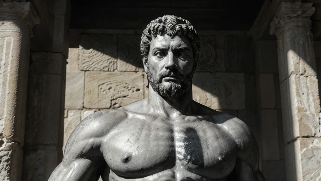 a portrait statue of the stoic Marcus Aurelius in black and white 4K, Super realistic ANCIENT GREEK RUINS, fully body, corpo stark, brawny, stark, wearing no shirt, tronco stark, stark, wearing no shirt, strong arms, 8k, ultra realisitic, cinematographic