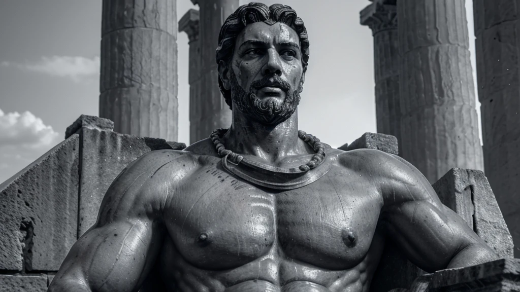a portrait statue of the stoic Marcus Aurelius in black and white 4K, Super realistic ANCIENT GREEK RUINS, fully body, corpo stark, brawny, stark, wearing no shirt, tronco stark, stark, wearing no shirt, strong arms, 8k, ultra realisitic, cinematographic