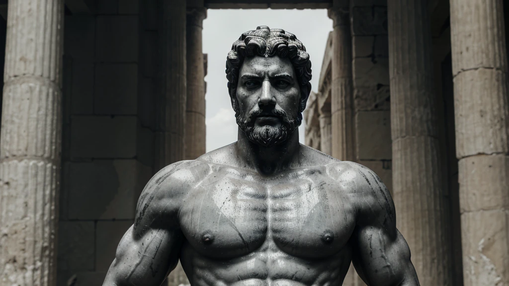 a portrait statue of the stoic Marcus Aurelius in black and white 4K, Super realistic ANCIENT GREEK RUINS, fully body, corpo stark, brawny, stark, wearing no shirt, tronco stark, stark, wearing no shirt, strong arms, 8k, ultra realisitic, cinematographic