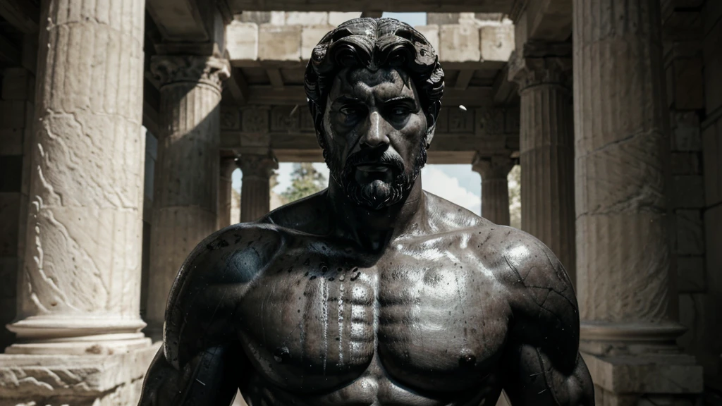 a portrait statue of the stoic Marcus Aurelius in black and white 4K, Super realistic ANCIENT GREEK RUINS, fully body, corpo stark, brawny, stark, wearing no shirt, tronco stark, stark, wearing no shirt, strong arms, 8k, ultra realisitic, cinematographic