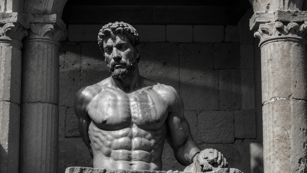 a portrait statue of the stoic Marcus Aurelius in black and white 4K, Super realistic ANCIENT GREEK RUINS, fully body, corpo stark, brawny, stark, wearing no shirt, tronco stark, stark, wearing no shirt, strong arms, 8k, ultra realisitic, cinematographic