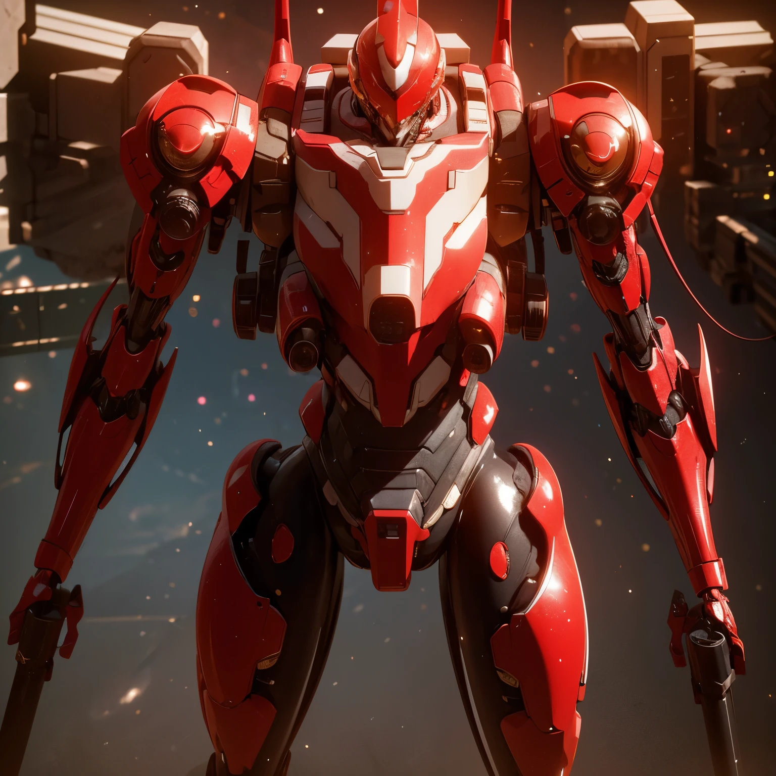 (work of art, best qualityer:1.5)Blood red mech with beige accents. With structure made of animal bones, vivid red eyes, fit the tribal appearance and average body. He carried with him a spear made of bones with red details.. Extremely detaild, intricate, 8k, HDR, naturallight, cinematic lighting, (Space battlefield:1.5), masterpiece-anatomy-perfect, ultra HD, Space Combat, Battlefield, Unreal Engine, RAW photo, metallic, professional, ultra-fine painting, perfect body proportions, anatomically correct, uhd, real texture material, Anti-Aliasing, FKAA, TXAA, RTX, SSAO, Post Processing, Post Production, Tone Mapping, CGI, VFX, SFXHyper maximalist, Volumetric, ultra photorealultra-detailed intricate details.