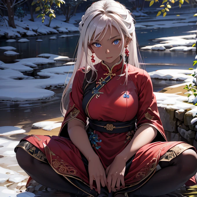 Adult woman, dark skin (brown),white hair, blue eyes, wearing a red Chinese dress.