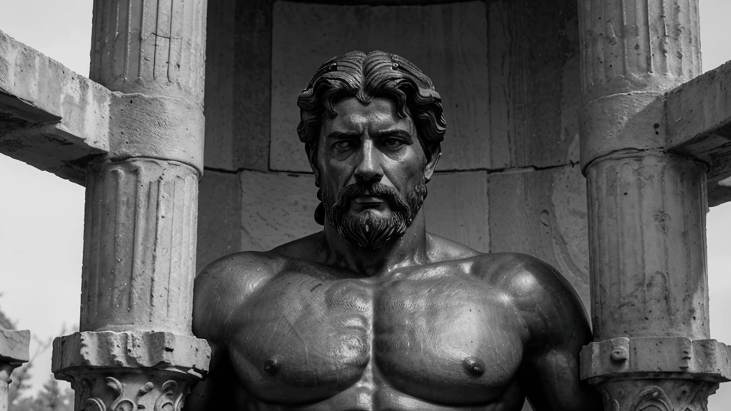 a portrait statue of the stoic Marcus Aurelius in black and white 4K, Super realistic ANCIENT GREEK RUINS, fully body, corpo stark, brawny, stark, wearing no shirt, tronco stark, stark, wearing no shirt, strong arms, 8k, ultra realisitic, cinematographic