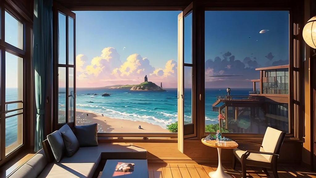 anime, Cafe with an ocean view, Realistic paintings inspired by Michael Komarck, Talked about at the art station, magical realism, Space Sky. by makoto shinkai, ( ( Makoto Shinkai ) ), by makoto shinkai, Relaxing concept art, Makoto Shinkai. —h 2160