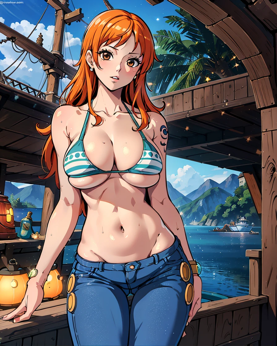 (masterpiece), realistic lights, realistic skin, high detailed art, high definition, defined abdomen, Redhead girl, nami, nami one piece, post time skip nami, sexy girl, tight bikini , ((big breast)), wide waist, lewd, tight jeans, in a ship, pirate ship background, glow illumination, detailed body, female body shape,