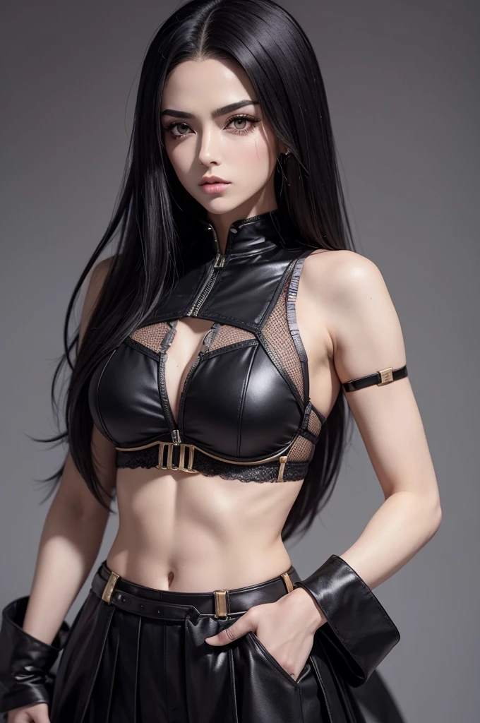Create a female character "jojo bizarre adventures" (anime style) plus or minus 17/18 years old. With chest-length black hair, a feminine samurai outfit (a track/bandage like bra)