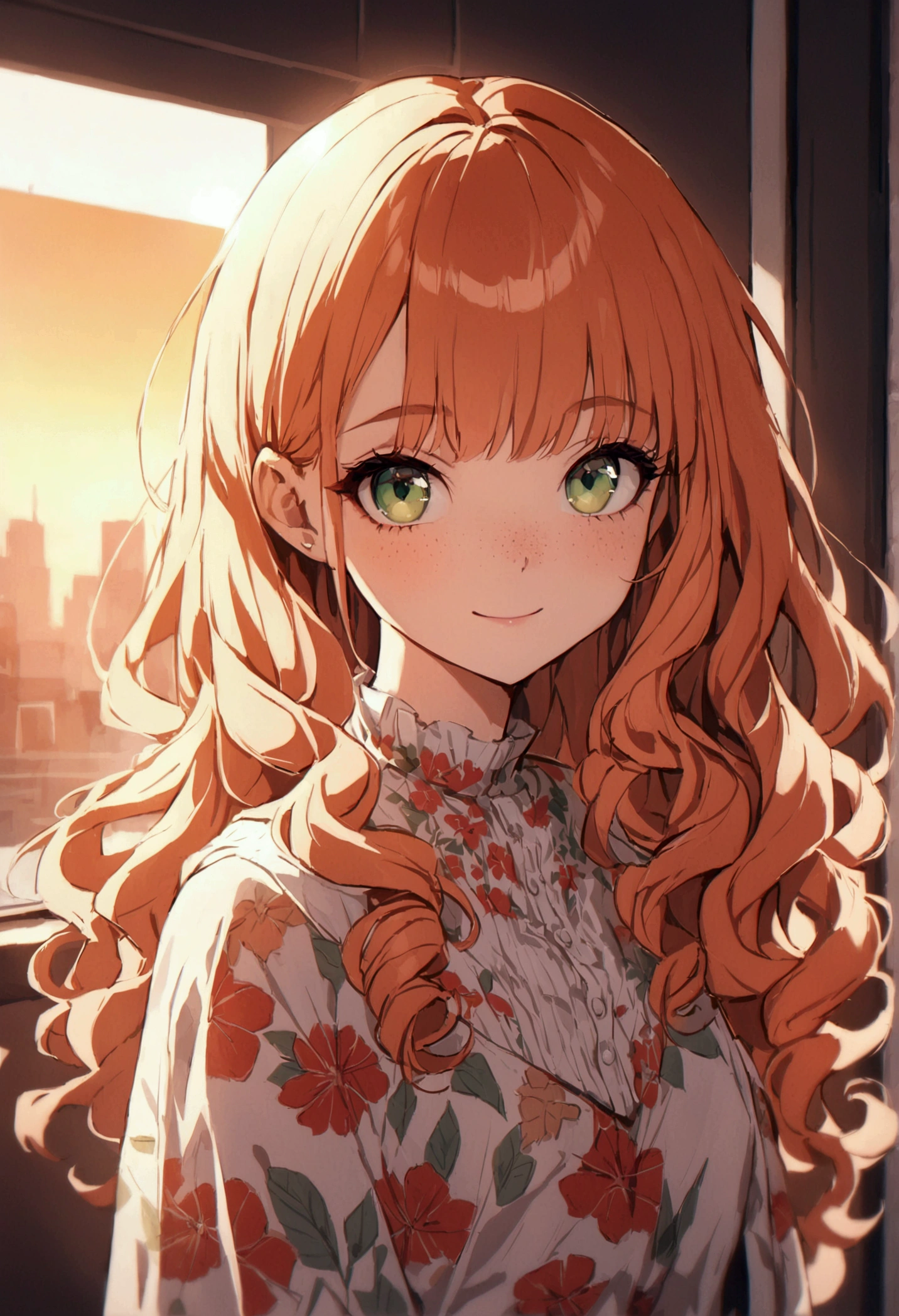 masterpiece portrait of a woman in Montreal at dawn, Long Hair, Cute orange curly hair, smile, Green Eyes, freckles, Floral print, dress, dawn, neon, light, caustic, Lens Reflection, ((alone)), Ishmael_edge