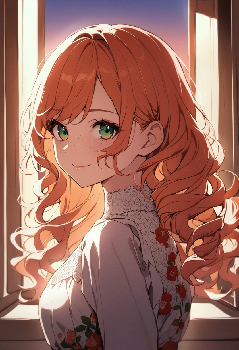 masterpiece portrait of a woman in Montreal at dawn, Long Hair, Cute orange curly hair, smile, Green Eyes, freckles, Floral print, dress, dawn, neon, light, caustic, Lens Reflection, ((alone)), Ishmael_edge