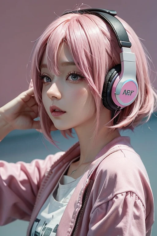 listen to music、headphone、Pink Hair, Pink eyes, Gradient color hairstyle, Bob Hair, Listen attentively、Ahoge,