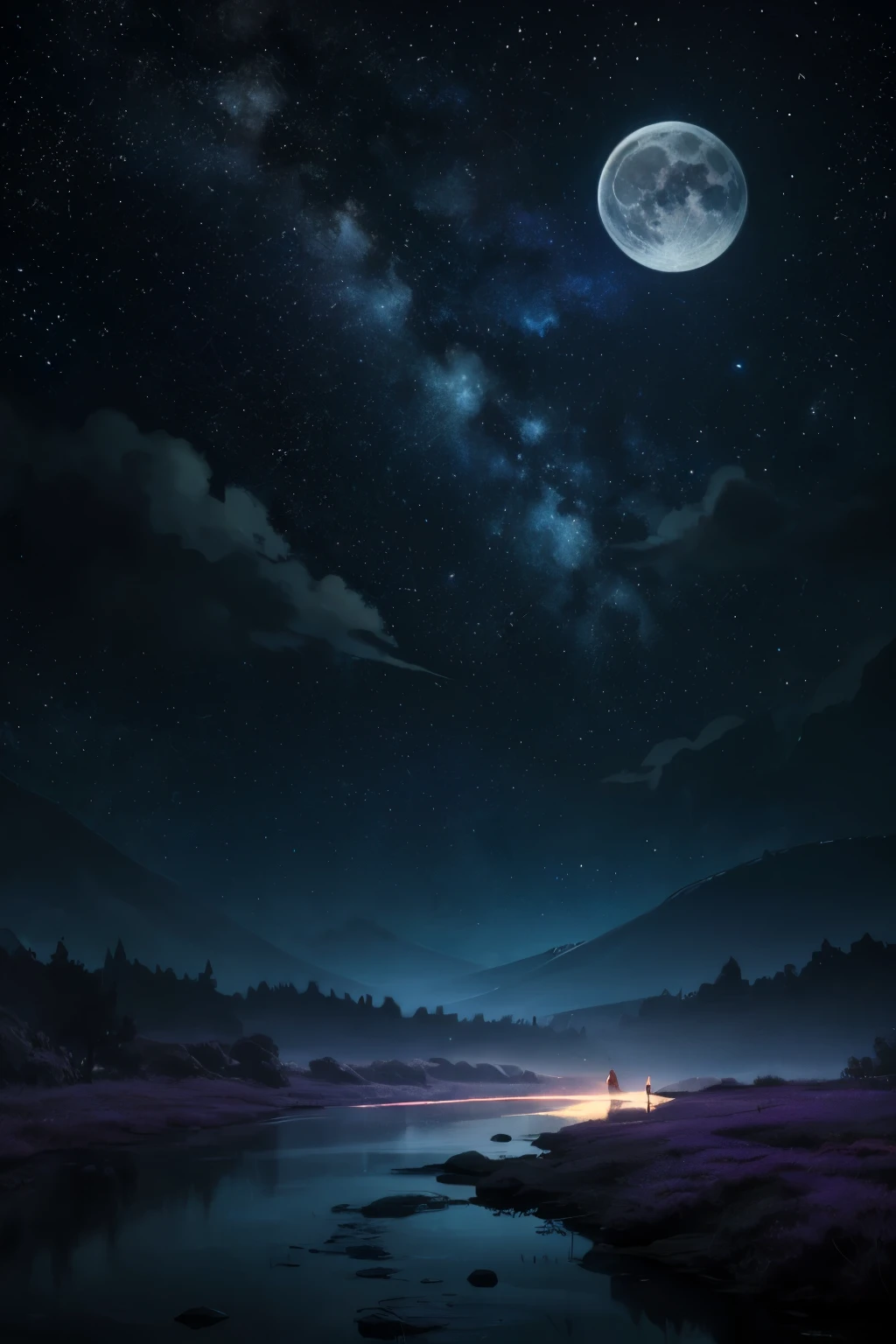 A highly condensed beauty dressed in a painting of stars and moons in the river and sky, concept art inspired by Tosa Mitsuoki, pixiv competition winner, best quality, fantasy art, beautiful anime scenes, a round of bright moon, starry sky environment in the moonlight, dream painting, anime background art, dream landscape art, fantastic night, anime background, background artwork, fantastic art, atmospheric anime, starry sky, detail enhancement.  