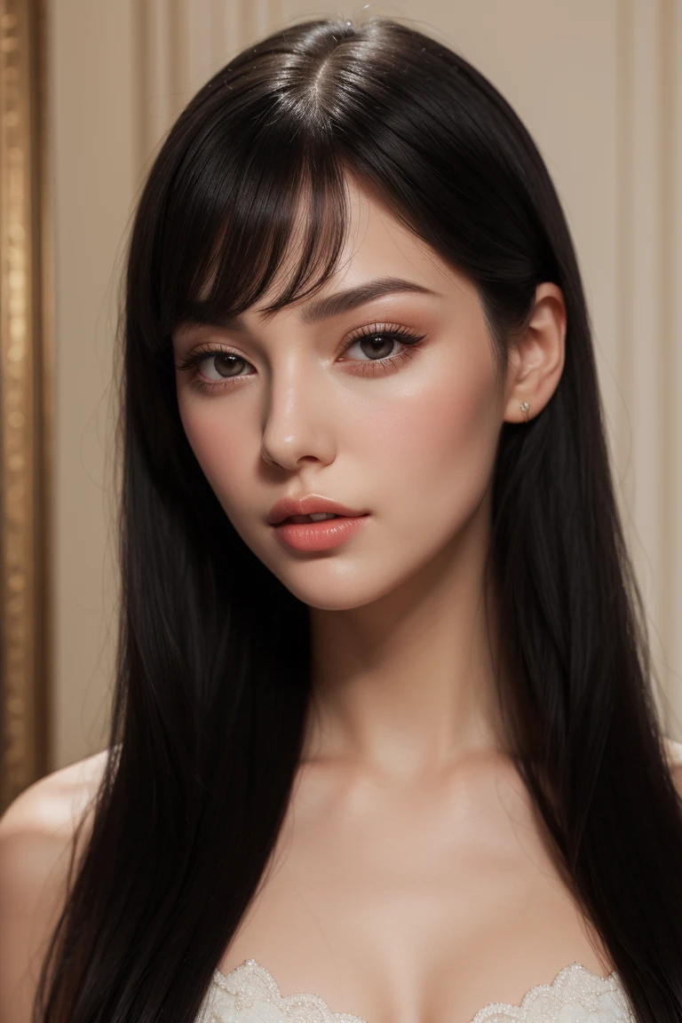 1womanl, long, straight black hair,flushed lips and cheeks, large and delicate eyelashes,Elegant and sweet,European