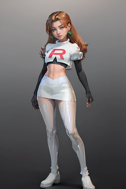 aerith gainsborough, green eyes ,glossy lips, light makeup, eye shadow, earrings ,team rocket,team rocket uniform, red letter R, white skirt,white crop top,black thigh-high boots, black elbow gloves, shiny glossy  tan  pantyhose, smile, sexy pose, full body 