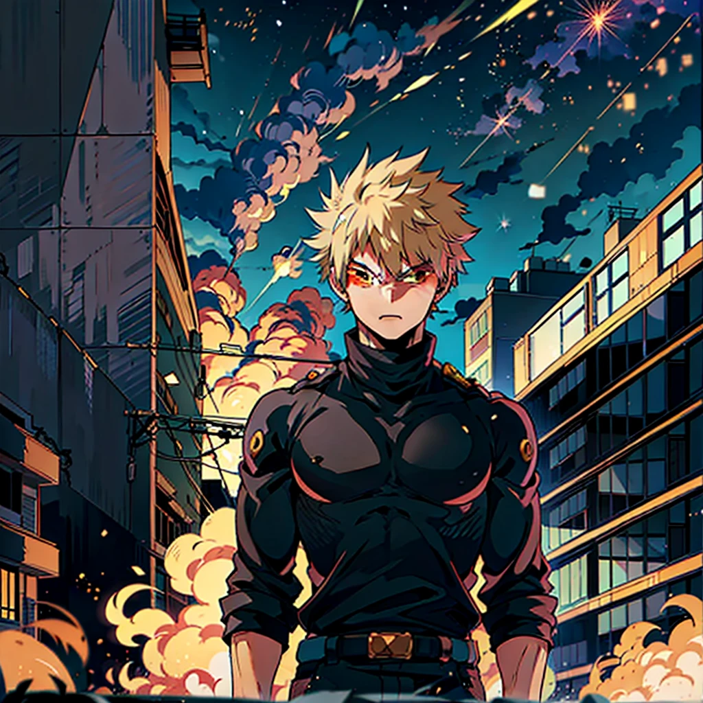 the anime, (Best Quality), ((1 adult boy)), ((muscled body)), Bakugou (Hakuji) AB: Boku no Hero, standing in front of a building , (Night landscape in a building ), ((Ultra-short black hair)), ((Impassive green eyes)), (((Hair back))), (((open forehead))), boku no hero clothes , a waist belt, looks at the viewer, The Art of Boku no Hero, Boku no Hero artstyle, Boku no Hero