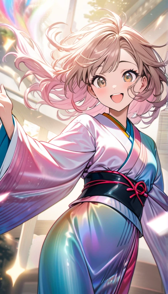 best quality, super fine, 16k, incredibly absurdres, extremely detailed, cute girl smiling, excited look, pink messy hair, wind, wind-effect, sparkling light brown eyes, wearing chic Japanese kimono fashion, fantastic and mysterious, variety of visual styles that combine various artistic elements like a sparkling iridescent pastel and vivid colors