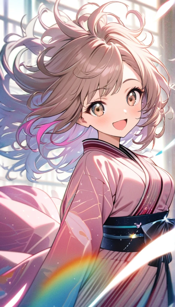 best quality, super fine, 16k, incredibly absurdres, extremely detailed, cute girl smiling, excited look, pink messy hair, wind, wind-effect, sparkling light brown eyes, wearing chic Japanese kimono fashion, fantastic and mysterious, variety of visual styles that combine various artistic elements like a sparkling iridescent pastel and vivid colors