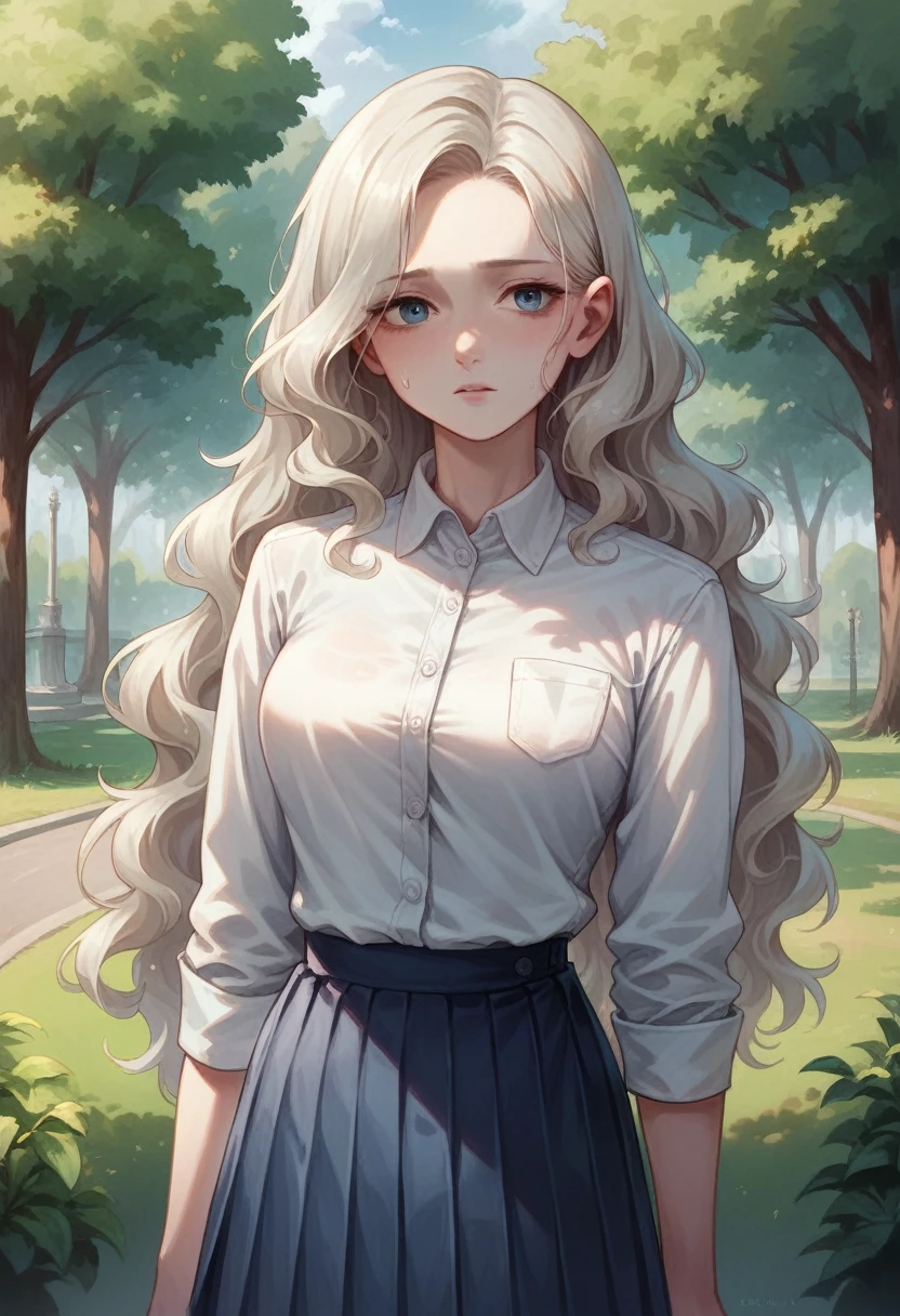 Illustration, detailed illustration, ultra detailed, dynamic angle, 19 year old girl, beautiful, platinum blonde, long hair, wavy hair, cold blue eyes, pale skin, emotionless, disdainful, park, white shirt, blue pleated skirt,