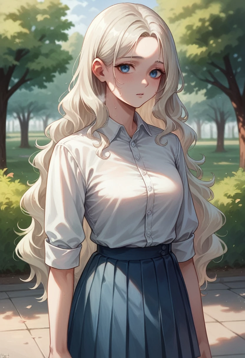Illustration, detailed illustration, ultra detailed, dynamic angle, 19 year old girl, beautiful, platinum blonde, long hair, wavy hair, cold blue eyes, pale skin, emotionless, disdainful, park, white shirt, blue pleated skirt,