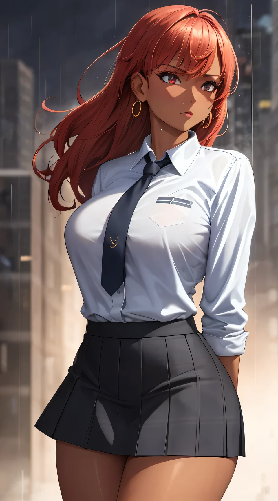 (best quality:1.5, highres, UHD, 4K, detailed lighting, shaders), white and red haired, gradient hair, large breasts, suit, gray shirt, social shirt, short skirt, mature woman , (pov), white background, colorful eyeshadow, dramatic lighting, sparkling eyes, sensual expression, golden earrings, flowing hair, delicate facial features, dark skin, high cheekbones, raining, urban setting, white background, dont look for the camera, lean forward, wet by the rain.