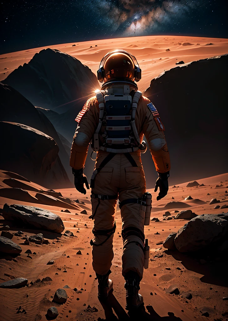 An astronaut walking on Mars at night, with an environment filled with rocks, stones, mountains, and peaks. The scene is viewed from behind the astronaut, so the viewer sees the astronaut from the back. The Martian sky is dark with stars visible, and the landscape is illuminated by the astronaut's suit lights.