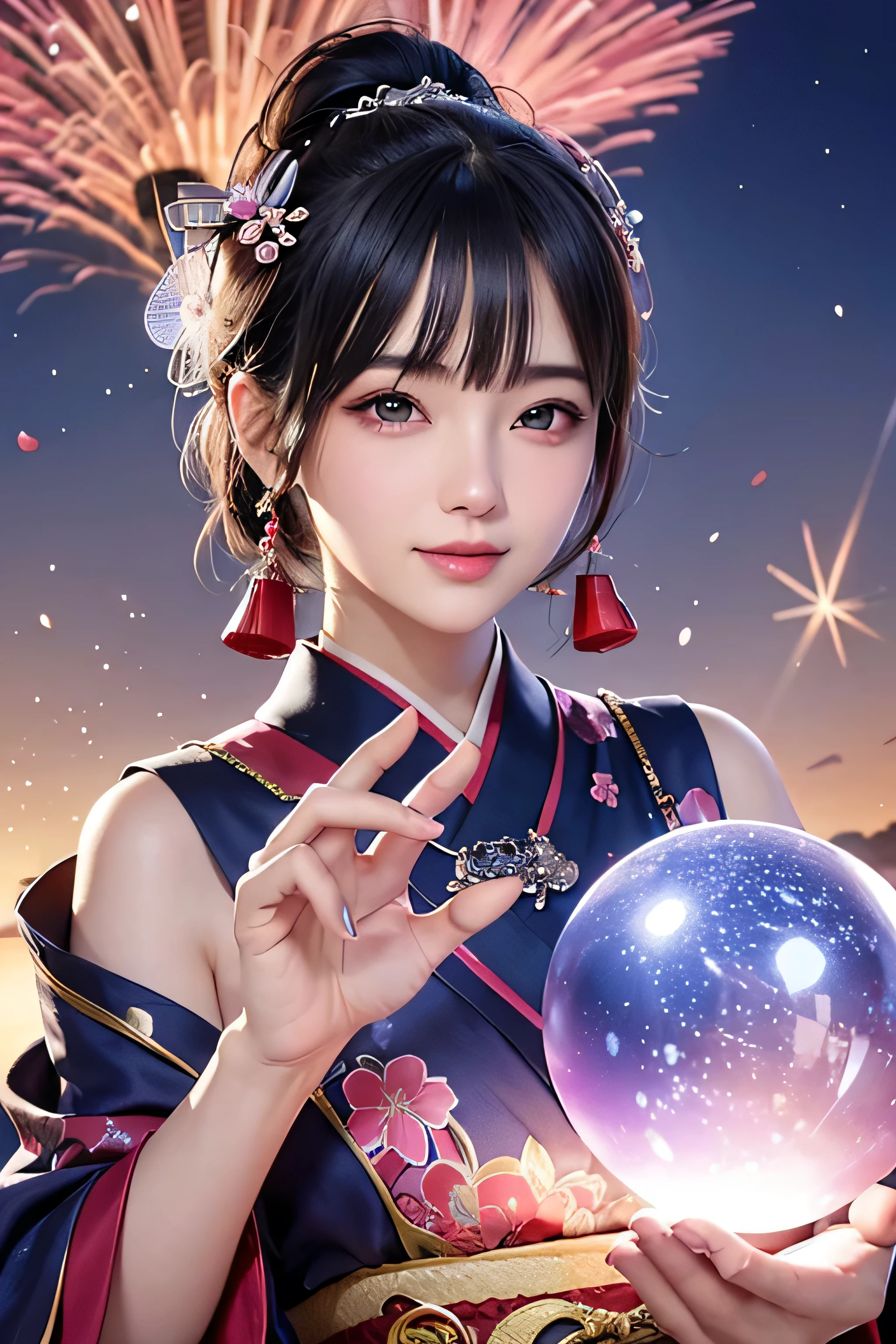 Fireworks in the background,firework,Body facing forward,(Holding a glowing blue crystal ball in each hand)),positive,Front configuration,Upper Body,((Observe the audience)),gorgeous red and black kimono,Cherry Blossom Hair Accessories,length, Short Hair, Silver Hair,Cherry Blossom Hair Accessories,Beautiful and delicate face,blush,Cherry pink eyes,Big eyes,Extremely fine resolution,Highest quality,(Pink Moon),mysterious,firework