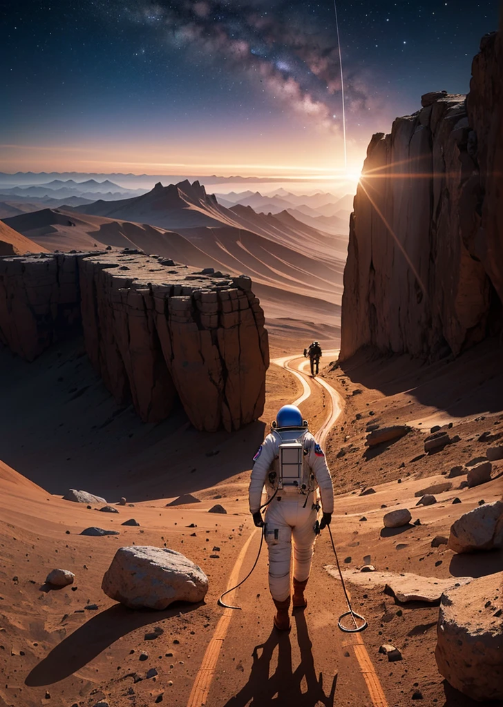 An astronaut walking on Mars at night, with an environment filled with rocks, stones, mountains, and peaks. The scene is viewed from behind the astronaut, so the viewer sees the astronaut from the back. The Martian sky is dark with stars visible, and the landscape is illuminated by the astronaut's suit lights.