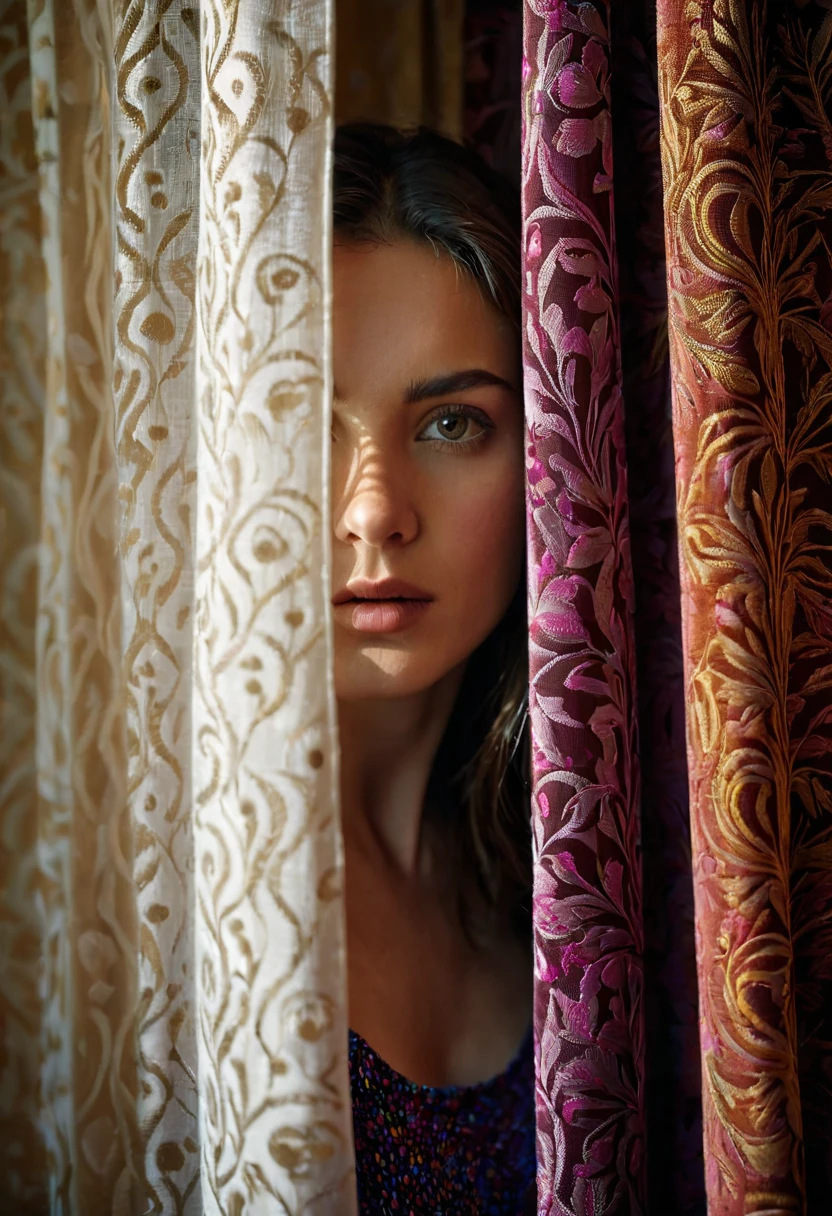 RAW photo, woman peeking from behind curtains, colorful details, award winning, high detailed, 8k, natural lighting, analog film, detailed skin, amazing composition, intricate details, subsurface scattering, velus hairs, amazing textures, filmic, chiaroscuro, soft light