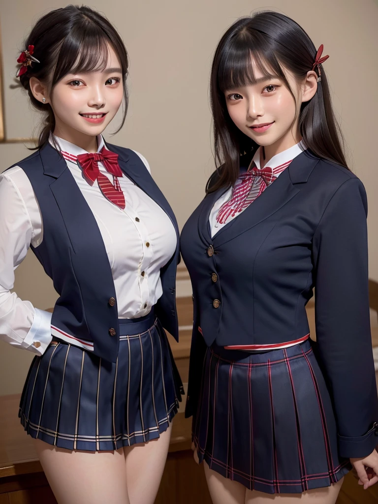 Highest quality、masterpiece、8k、Very detailed、Realistic、(Two Girls)、(Looking at me with a smile:1.5)、whole body、Black Hair、Small face、(Slender:1.2)、(Big Breasts:1.2)、(White business shirt with buttons and a collar:1.2)、(Navy blue short pleated skirt:1.2)、(Navy blue business jacket:1.2)、(Red color bow tie:1.2)