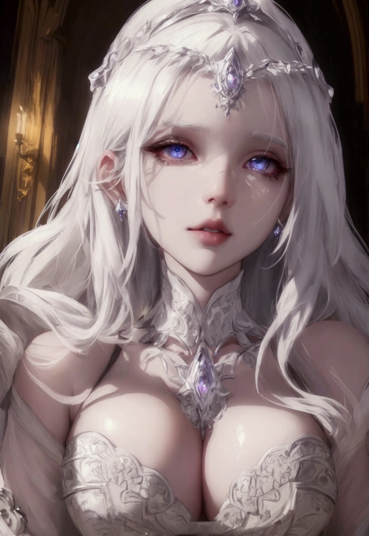 a beautiful and sexy white-haired girl with large breasts,1girl,detailed face,beautiful detailed eyes,beautiful detailed lips,extremely detailed eyes and face,longeyelashes,hyper detailed,cinematic lighting,photorealistic,realistic skin texture,beautiful ornate jewelry,elegant fantasy dress,volumetric lighting,dramatic shadows,warm color palette,chiaroscuro,dramatic lighting,highly detailed fantasy character,intricate details,cinematic composition