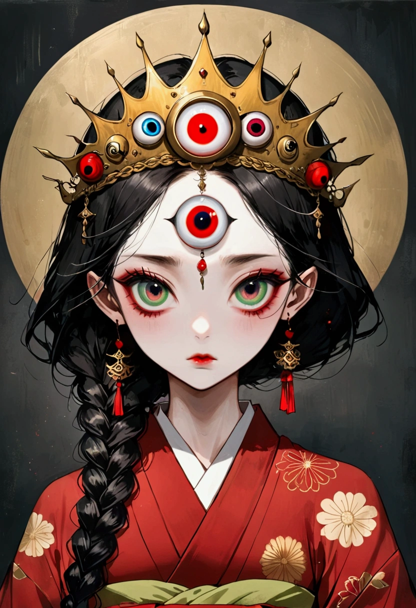 Art Illustration,Dark Style,(((1The princess wears a golden crown on her head - the eyeball decoration on the crown,Double braid,独奏,third eye on the forehead,big eyes,Dark eyeshadow))),(((Gorgeous Japanese red kimono:1.6,Eye Diagram,Dark Pattern))).(((Thin waist,Greenbelt:1.37)))whole body