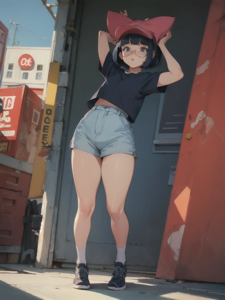 bob cut, black hair, rimless eyewear, mole under eye, solid circle eyes, plump lips, (Petite), girl, Embarrassed, penis, Testicles, (full body), (90s Anime Style, retro art style), Handstand pose