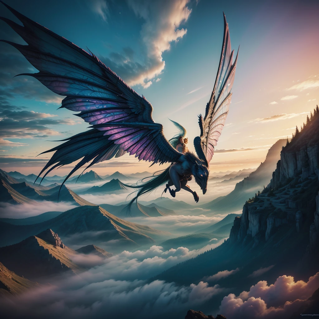 Legendary fantasy creature with huge wings, flying in the high sky, Epic mythology, Magical creature, concept character art, fairyland, cena surreal, vivid and saturated colors, ethereal atmosphere, fairy tales, (best qualityer, work of art, ultra-high details, 8k)
