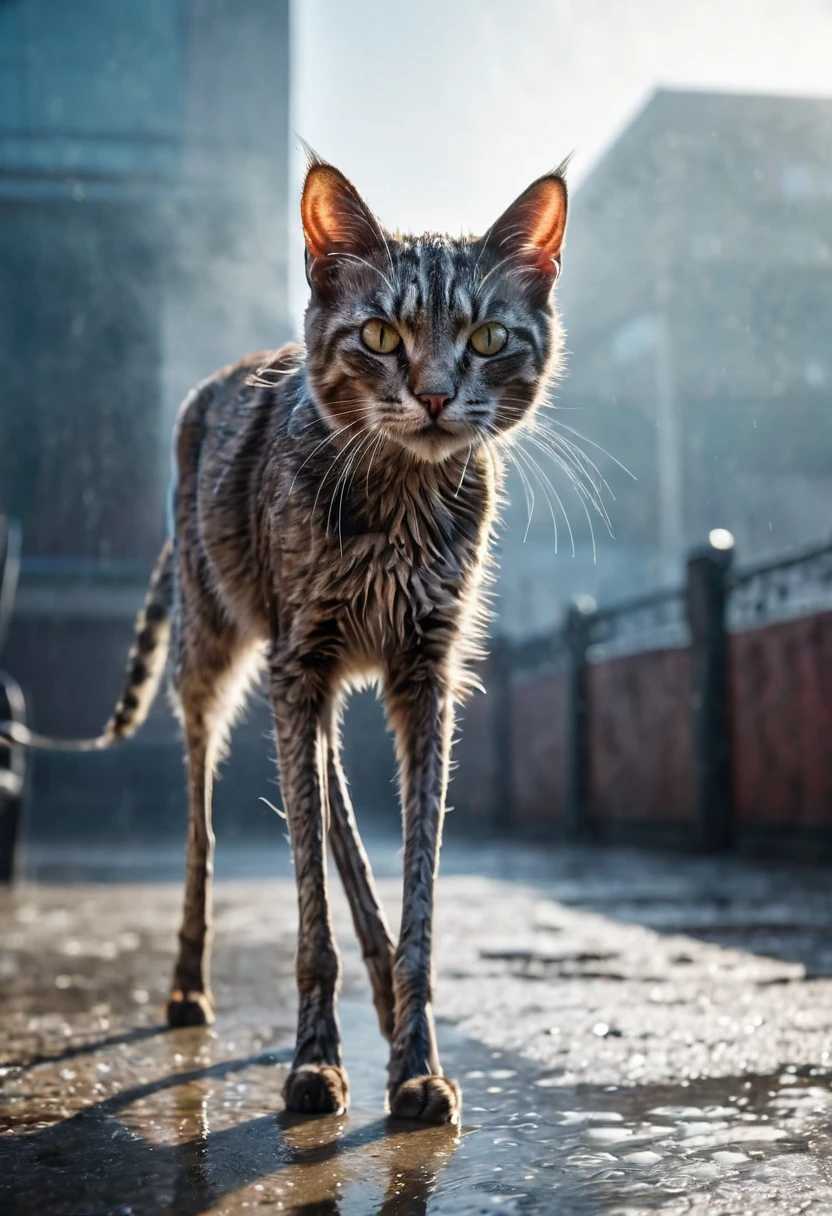 Highly detailed photo of an aggressive cat with ((Long legs:1.9)),  uhd, 8k, ultra realistic, sunny, high contrast, (cold colors), damp, moist, intricate details, shallow depth of field, [volumetric fog], cinematic lighting, reflections, photographed on a Canon EOS R5, 50mm lens, F/2.8, HDR, 8k resolution, cinematic film still from cyberpunk movie