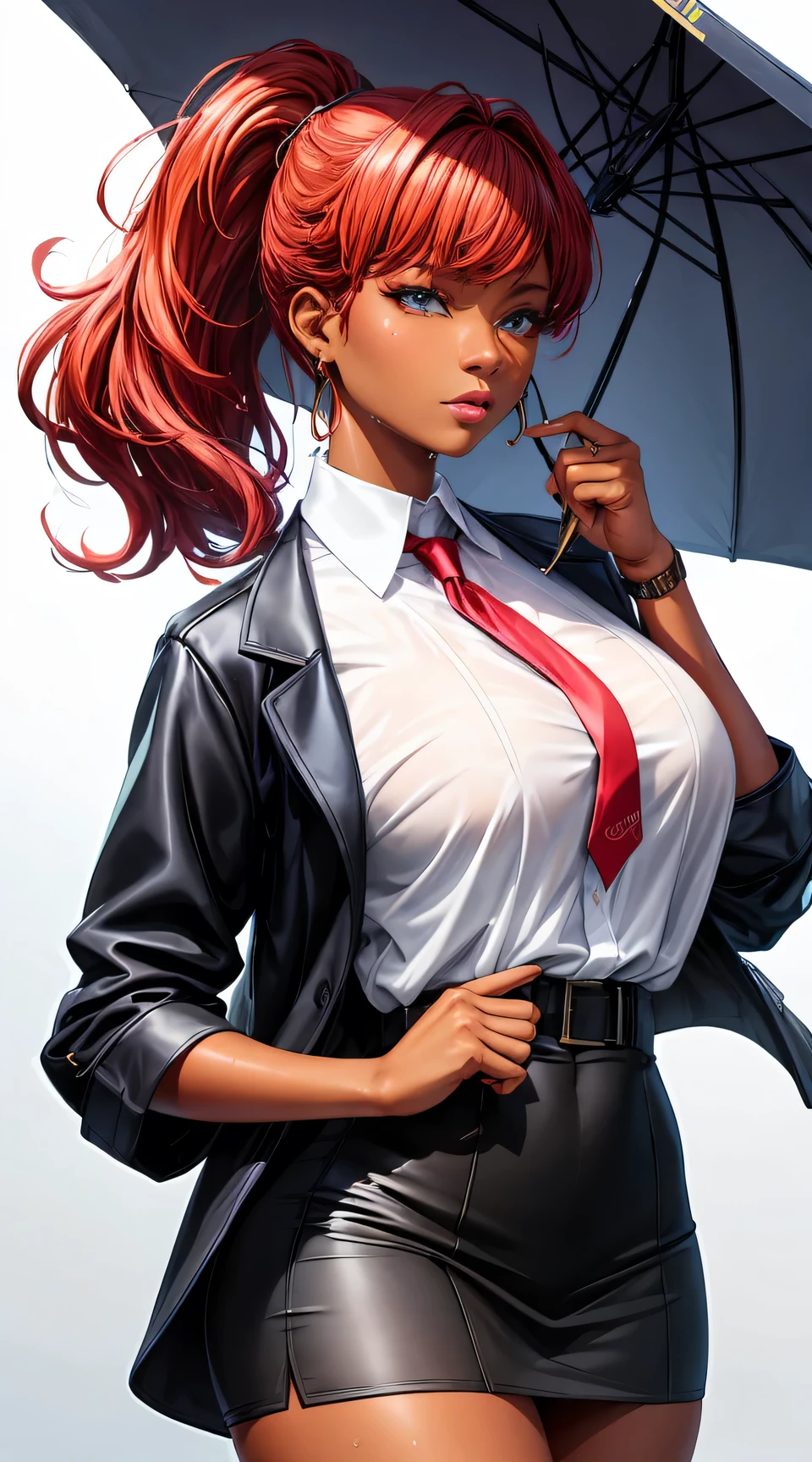 (best quality:1.5, highres, UHD, 4K, detailed lighting, shaders), white and red haired, gradient hair, large breasts, suit, gray shirt, social shirt, short skirt, mature woman , (pov), white background, colorful eyeshadow, dramatic lighting, sparkling eyes, sensual expression, golden earrings, flowing hair, delicate facial features, dark skin, high cheekbones, raining, urban setting, white background, dont look for the camera, lean forward, wet by the rain.