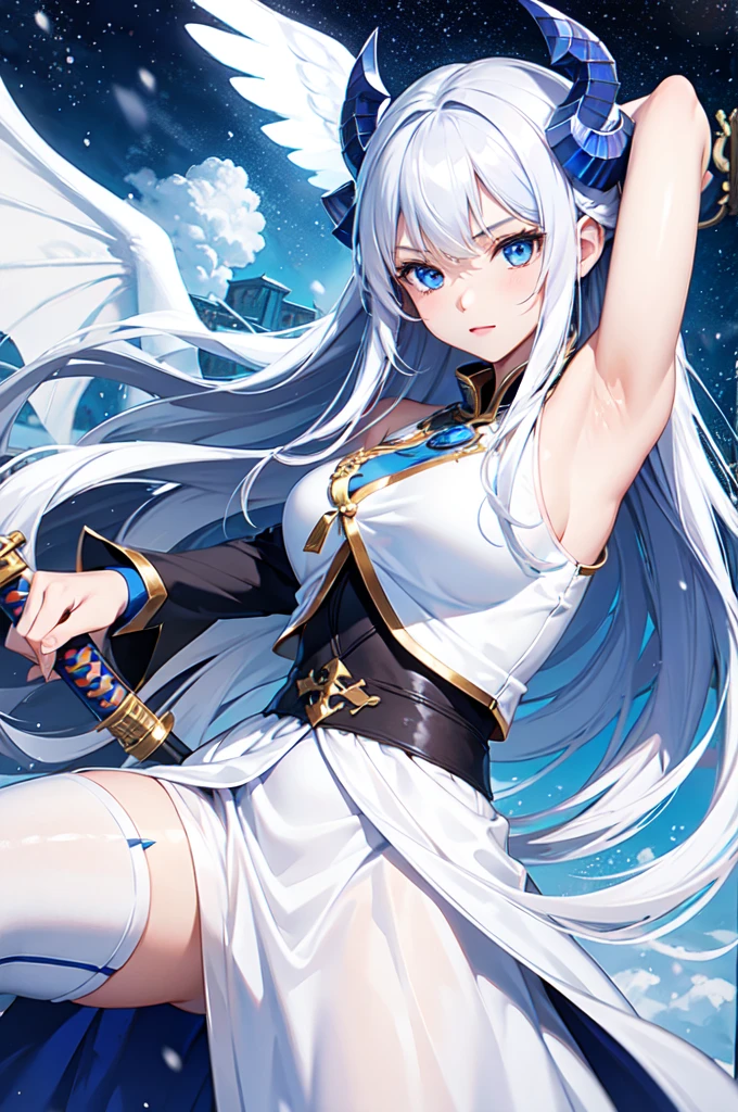 1girl, long hair, white armor, angel, dragon, blue eyes, blue tattoo, snow-white hair, katana,