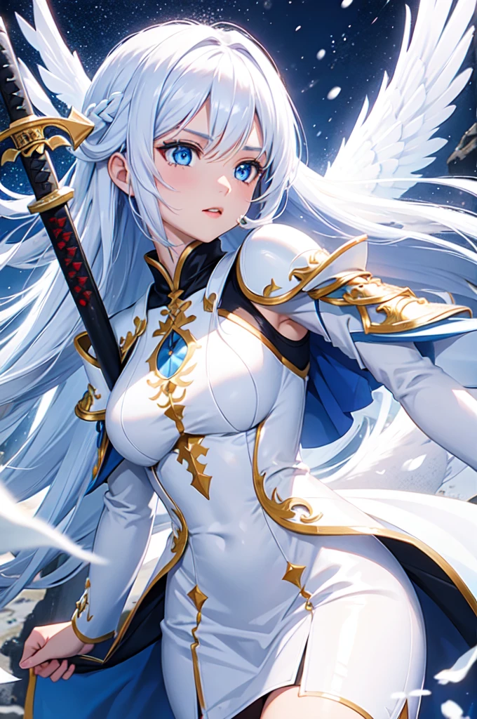 1girl, long hair, white armor, angel, dragon, blue eyes, blue tattoo, snow-white hair, katana,