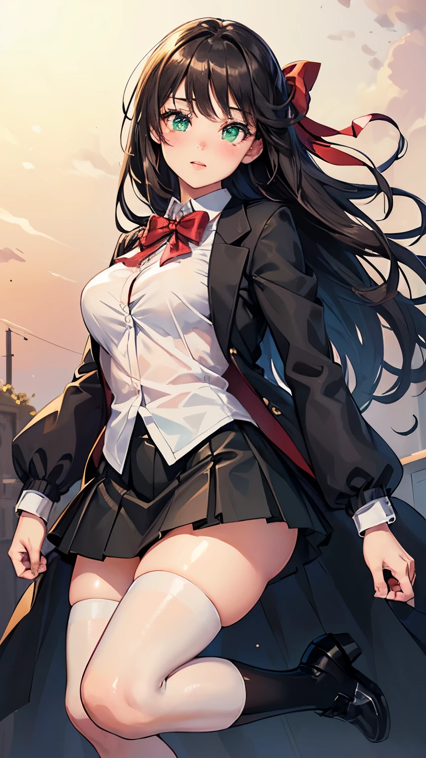 ((Tabletop, Highest quality, High resolution, Hmph, Pixel perfect, Depth of written boundary, 4K, Hmph, Hmph))), One Girl, single, alone, Beautiful Anime Girls, Beautiful art style, Anime characters, ((Long Hair, bangs, Dark brown hair, Curly Hair:0.8)), ((Green Eyes:1.4, Detailed eyes, Beautiful Eyes, Perfect Eyes,Curled eyelashes, Realistic eyes)), ((Detailed face, blush:1.2)), ((Smooth texture:0.75, Realistic texture:0.5, Anime CG style)), Medium chest, Dynamic Angle, Big Breasts, Perfect body, Dynamic pose, ((Red bow tie, , Black jacket, Open jacket, Brown cardigan, White shirt, Black Skirt, Checked skirt)), smile, Open your mouth, Put your arms behind your back, Leaning forward, Amalment Park, ((close, throw, cute, Shoot in the face)), fleshy thighs, Knee-high stockings, White panties,See-through bra, Full Body Shot, Low angle shot