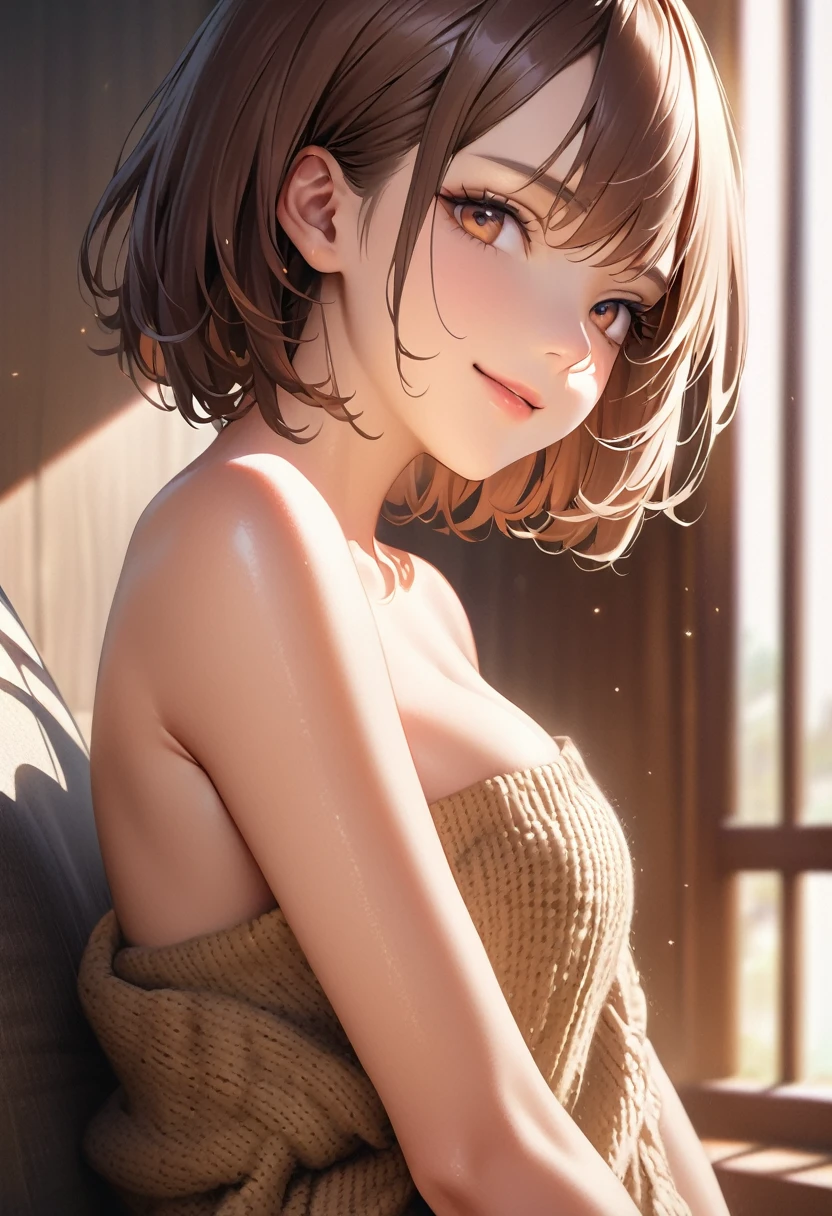 (masterpiece, face focus,: 1.3), (8K, Raw Photography, Top Image Quality: 1.4), gravure, 16yo Japan high School Girl, showing Cleavage of the large Breast:1.2, Super Detail Face, Eye of Detail, Double Eyelid, Bring Your chest Together, Sharp Focus:1.2, Pretty:1.4, dark Brown Hair, Top-Quality, Super A High Resolution, (Photorealistic: 1.4), Highly Detailed and professional lighting smile, loose and light knitwear, strapless, shoulder out, slender body, natural facial expression, short hair, fatal position
